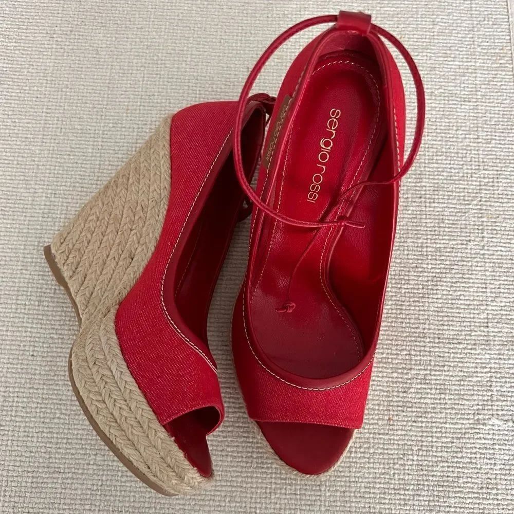 SERGIO ROSSI Red Fabric Espadrille Heels Size 39.